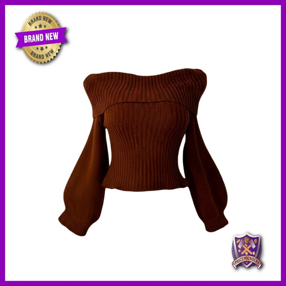 Off Shoulder Crop Sweater Ribbed Knit Puff Sleeve Slim Fit Top